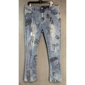 RtA Road to Awe Mens Bryant Distressed Graffiti Jeans Size 38 Light Blue Stretch